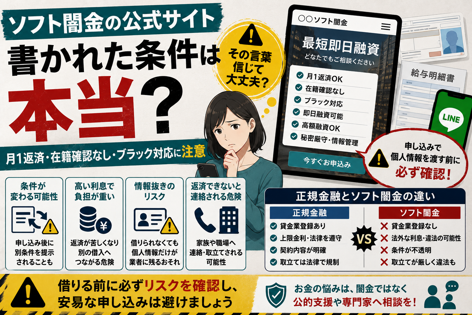 ソフト闇金の公式サイトに書かれた条件と月1返済・在籍確認なし・ブラック対応の注意点