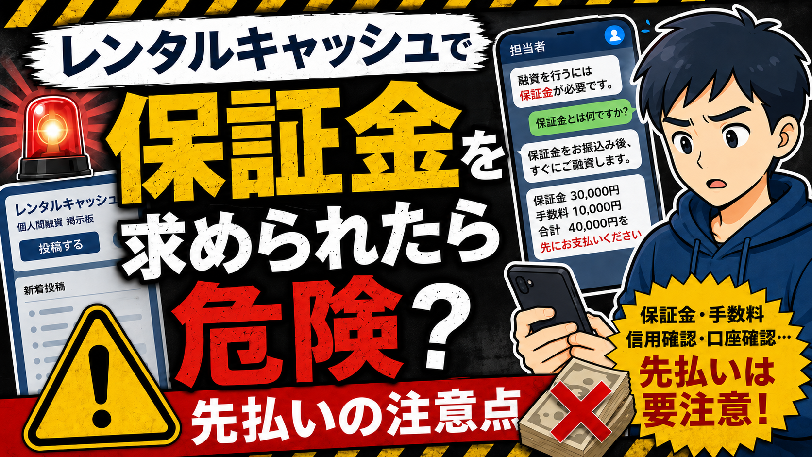 レンタルキャッシュで保証金を求められたら危険かどうかと、対処法について解説した記事のアイキャッチ画像