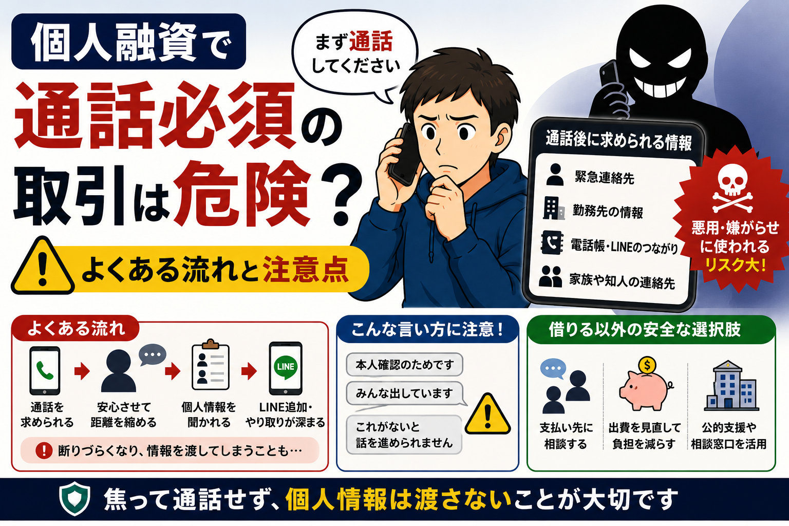個人融資で通話必須の取引は危険なのか、よくある流れと注意点
