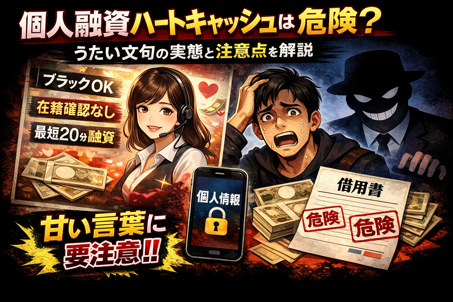 個人融資ハートキャッシュについて解説し、注意喚起した記事のアイキャッチ画像