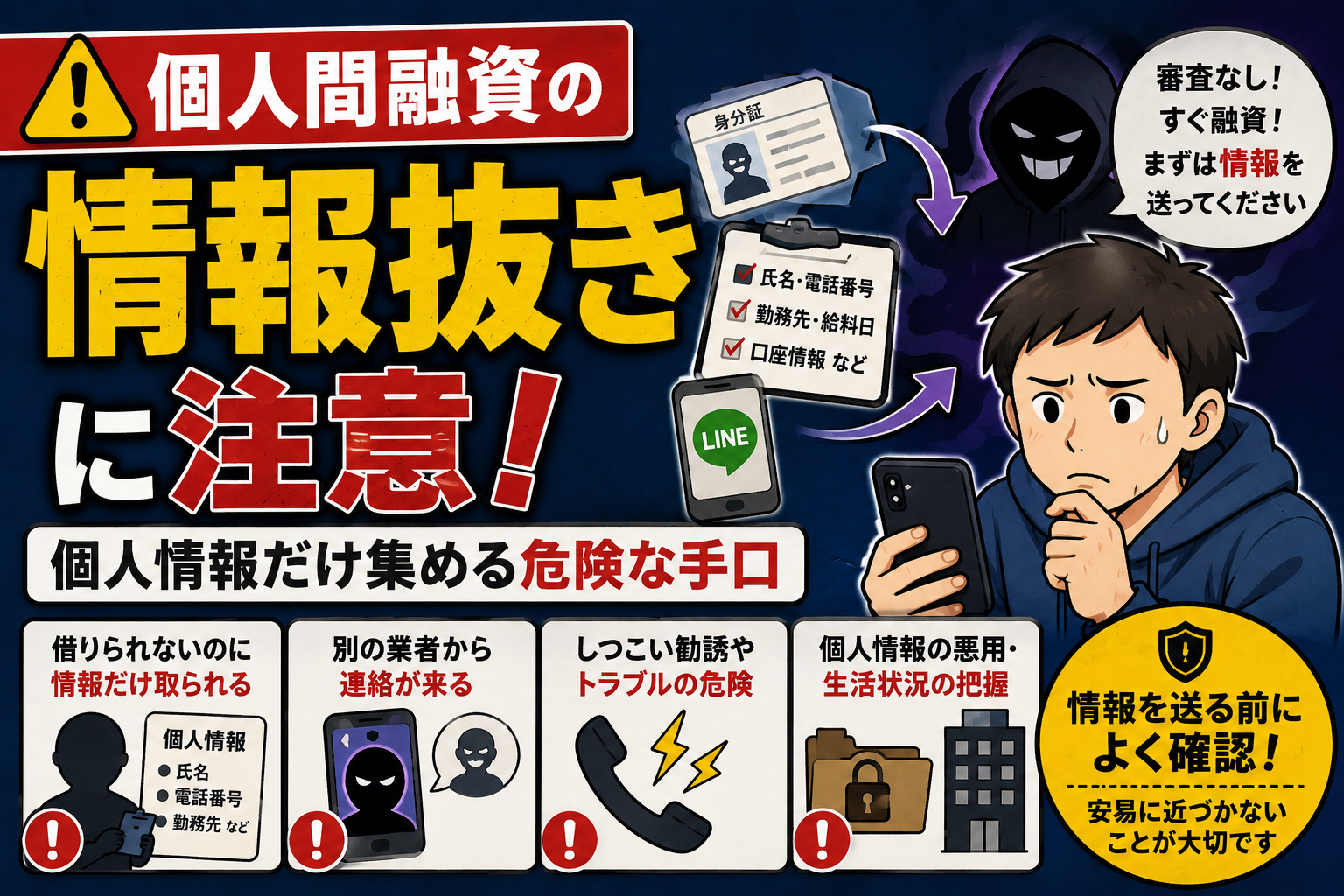 個人間融資の情報抜きで個人情報だけ取られる危険な手口を解説するサムネイル