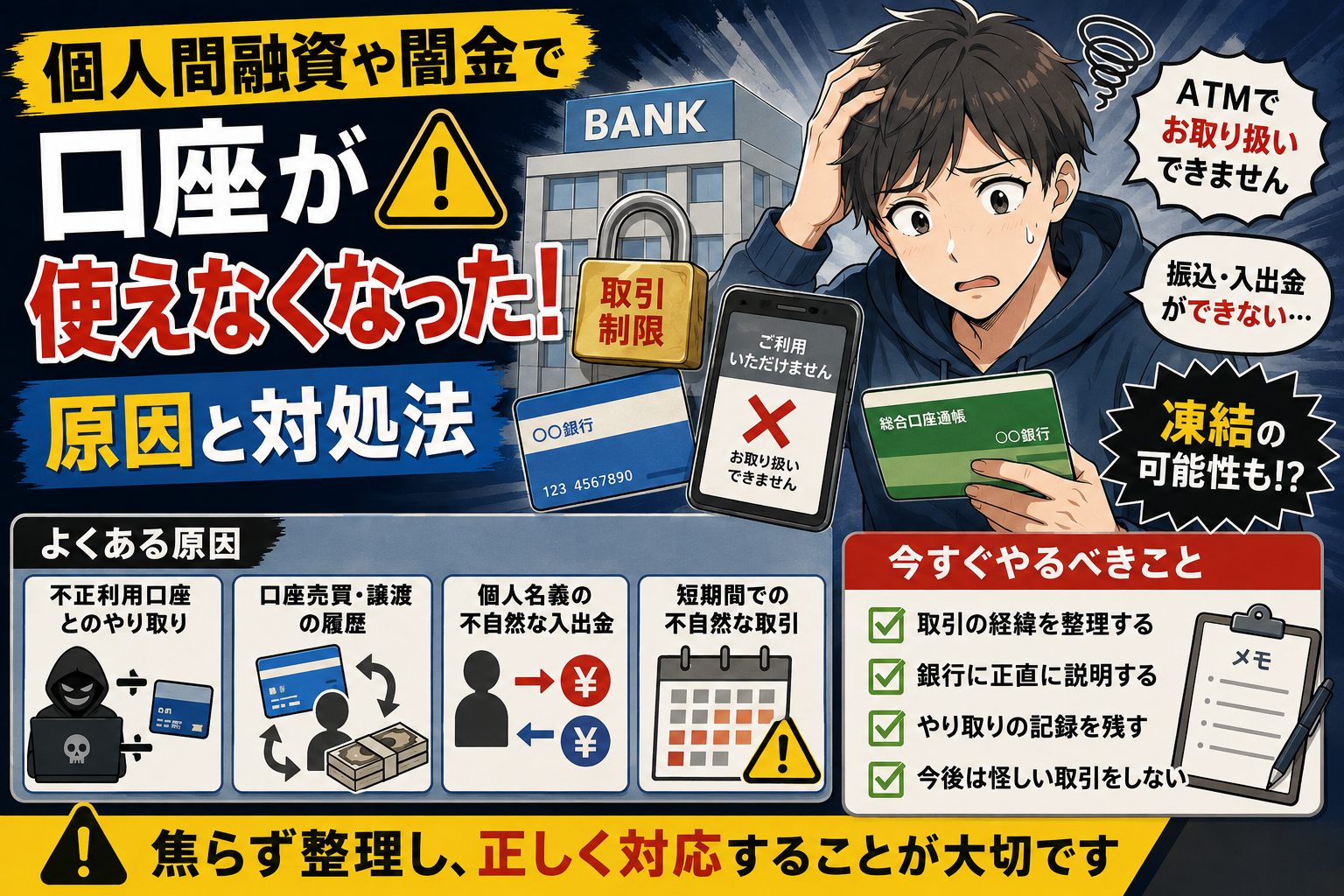 個人間融資や闇金を利用して口座が使えなくなった時の原因と対処法について解説