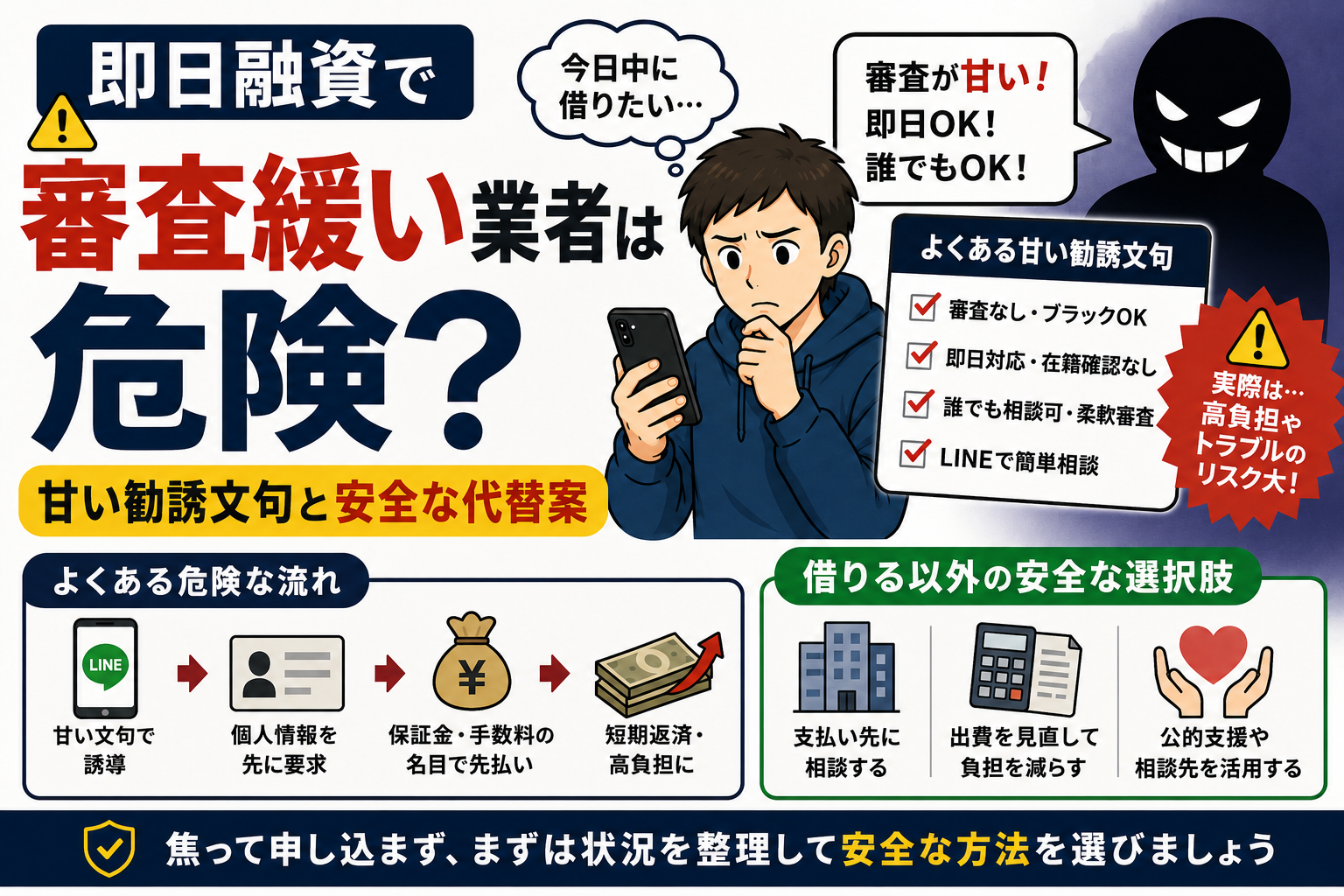 即日融資で審査が甘い業者の危険性と甘い勧誘文句への注意点
