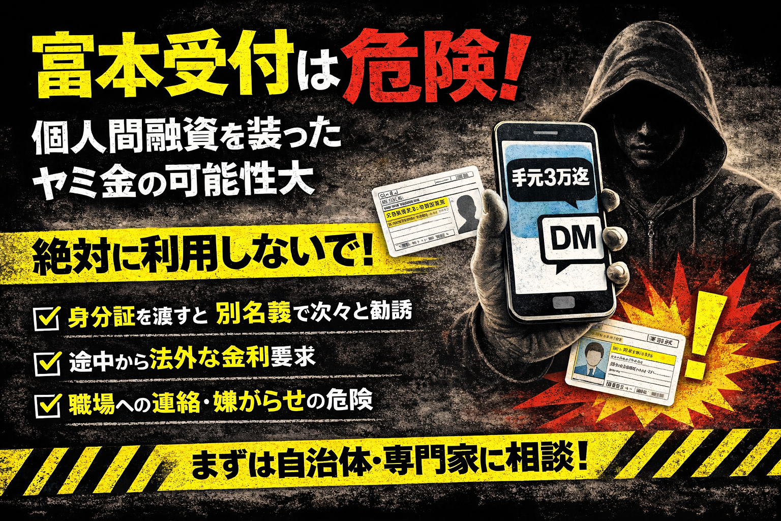 富本受付について解説し個人間融資の危険性について注意喚起する記事のアイキャッチ画像